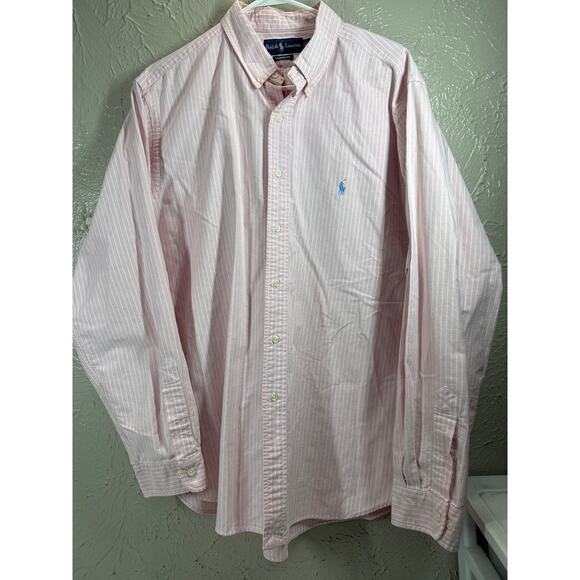 Polo Ralph Lauren Classic Fit Button Up Mens Pink White Striped Size 18 36-37 - Picture 1 of 5